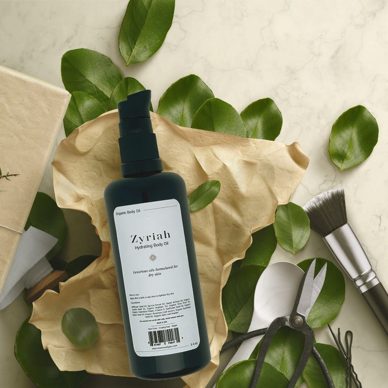 Zyriah Hydrating Body Oil bottle, 3.4oz, unscented, organic, showcasing its nourishing ingredients.
