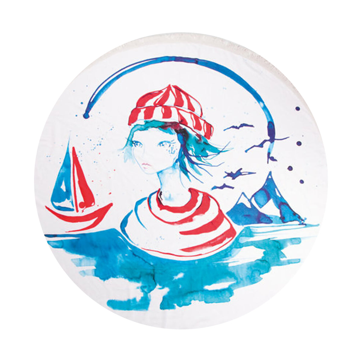Anemoss Marine Collection Sailor Girl Strandtuch in Weiß-Blau, rund und übergroß, ideal für den Strand und entspannende Sommertage.
