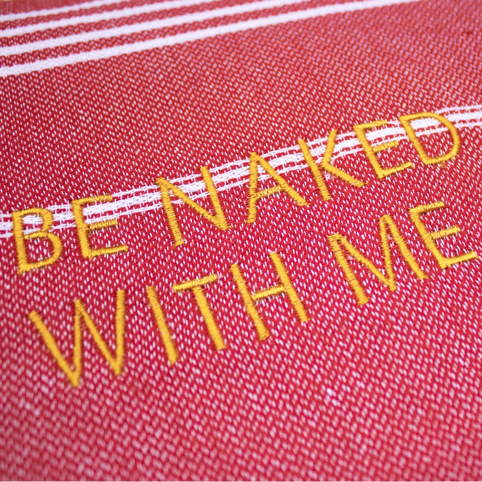 BE NAKED WITH ME embroidered red TURCO towel, lightweight and compact, ideal for beach, sauna, and gym use.
