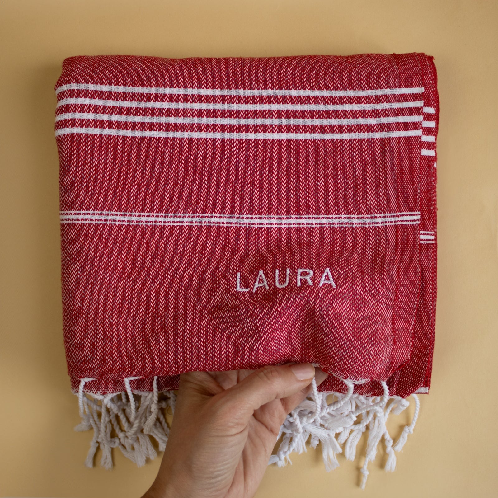 BE NAKED WITH ME embroidered red TURCO towel, lightweight and compact, ideal for beach, sauna, and gym use.