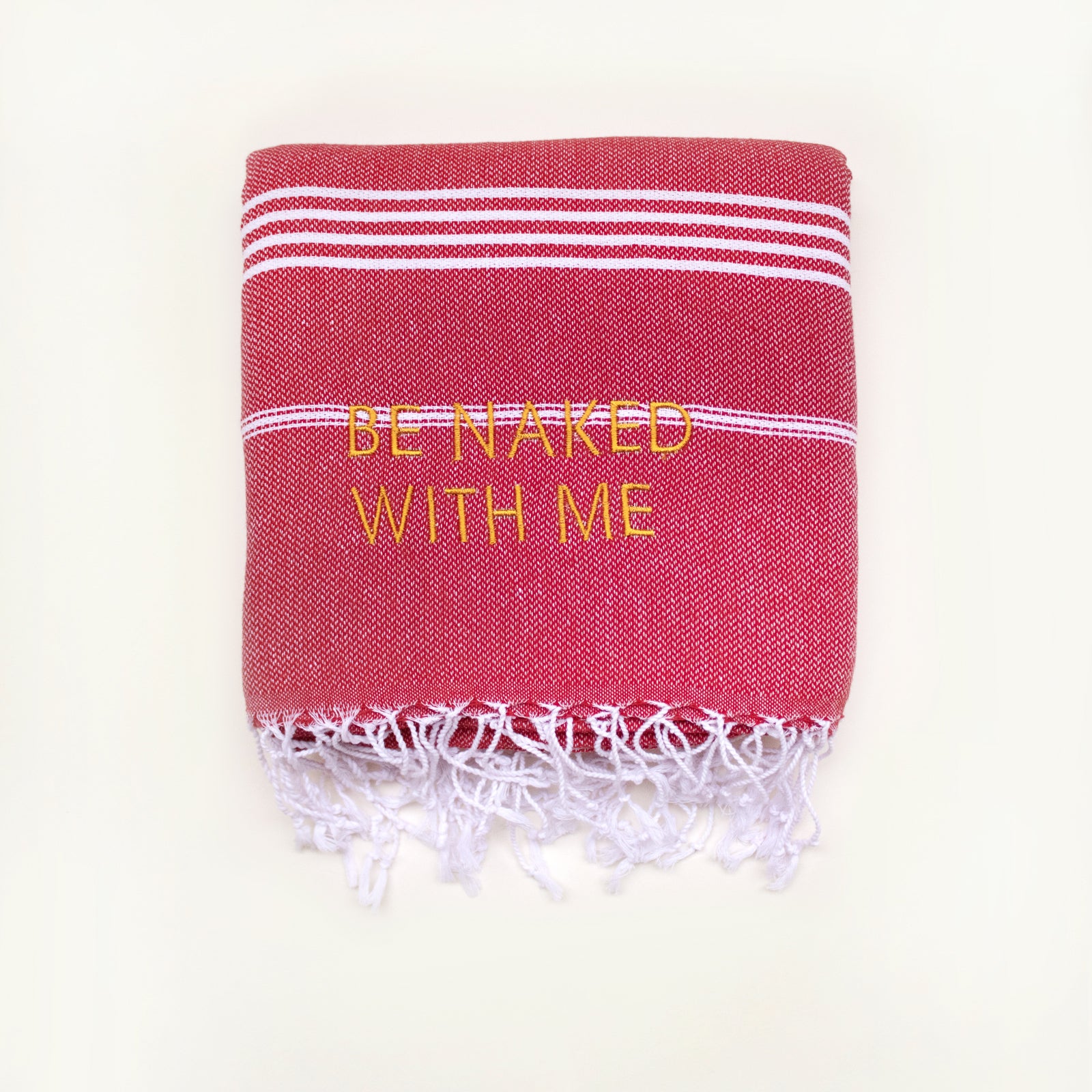 BE NAKED WITH ME embroidered red TURCO towel, lightweight and compact, ideal for beach, sauna, and gym use.