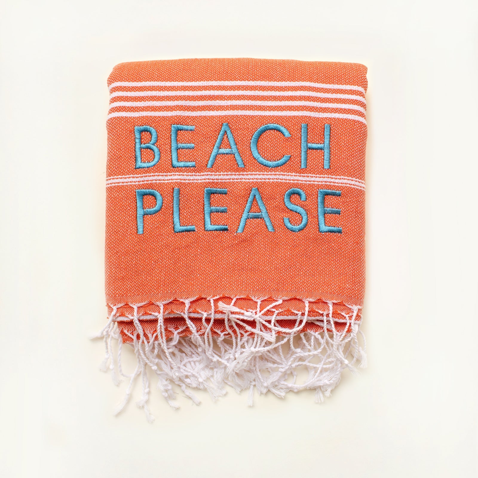 Coral 'BEACH PLEASE' embroidered Turkish towel, lightweight and sand-free, perfect for beach outings and versatile uses.