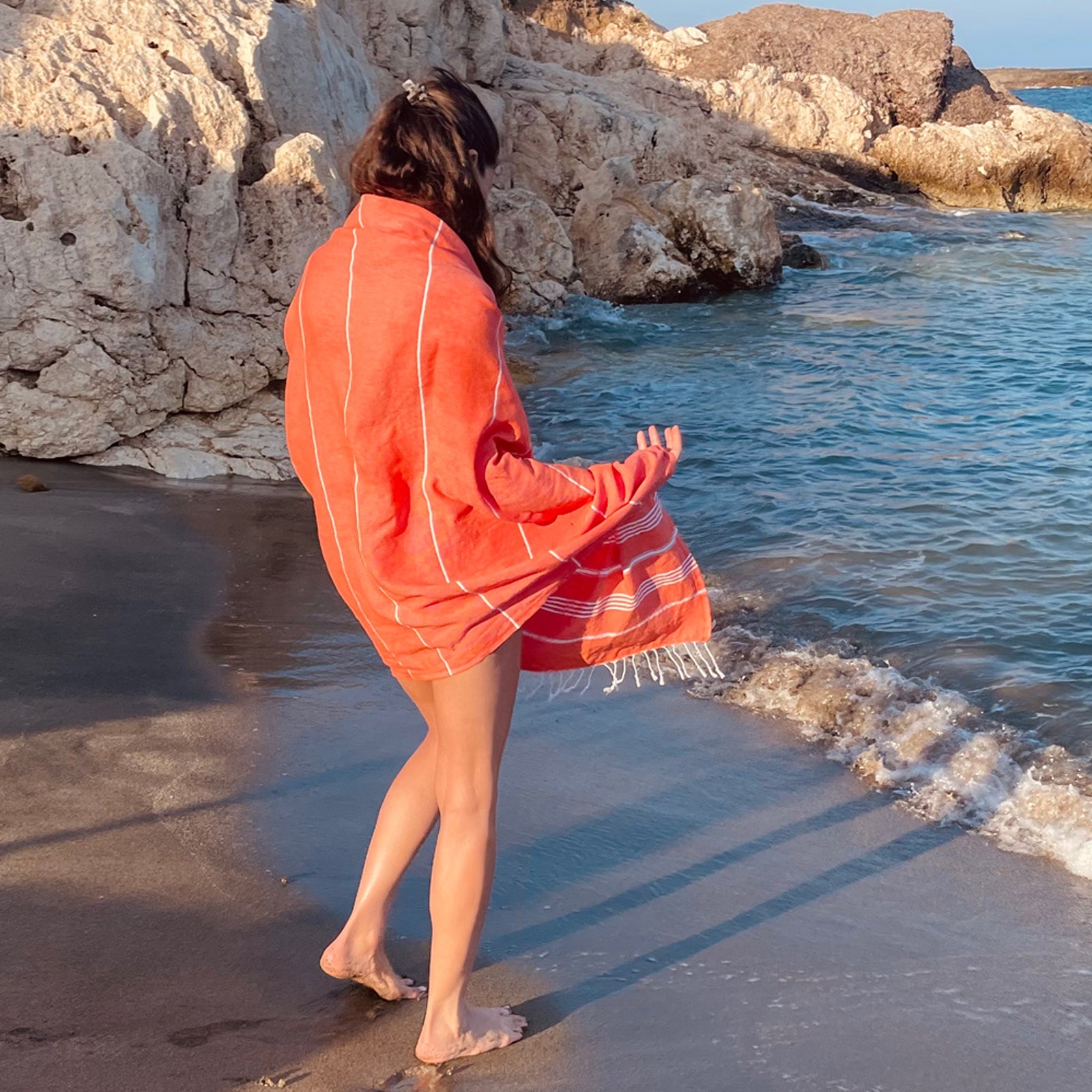 Coral 'BEACH PLEASE' embroidered Turkish towel, lightweight and sand-free, perfect for beach outings and versatile uses.