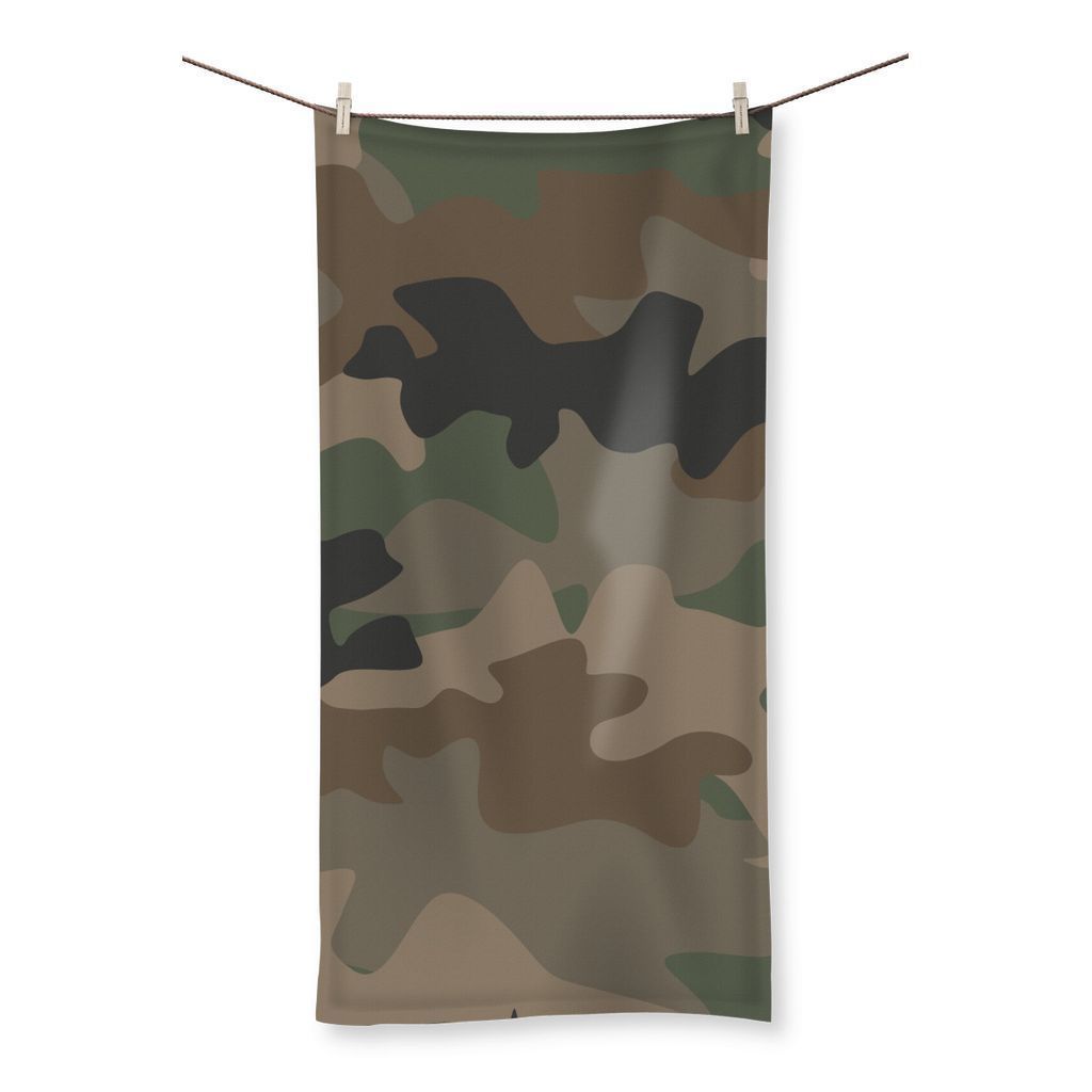 Camofludge 9 Beach Towel featuring a vibrant full-color design on one side and a soft terry towelling loop on the reverse, ideal for beach and gym use.