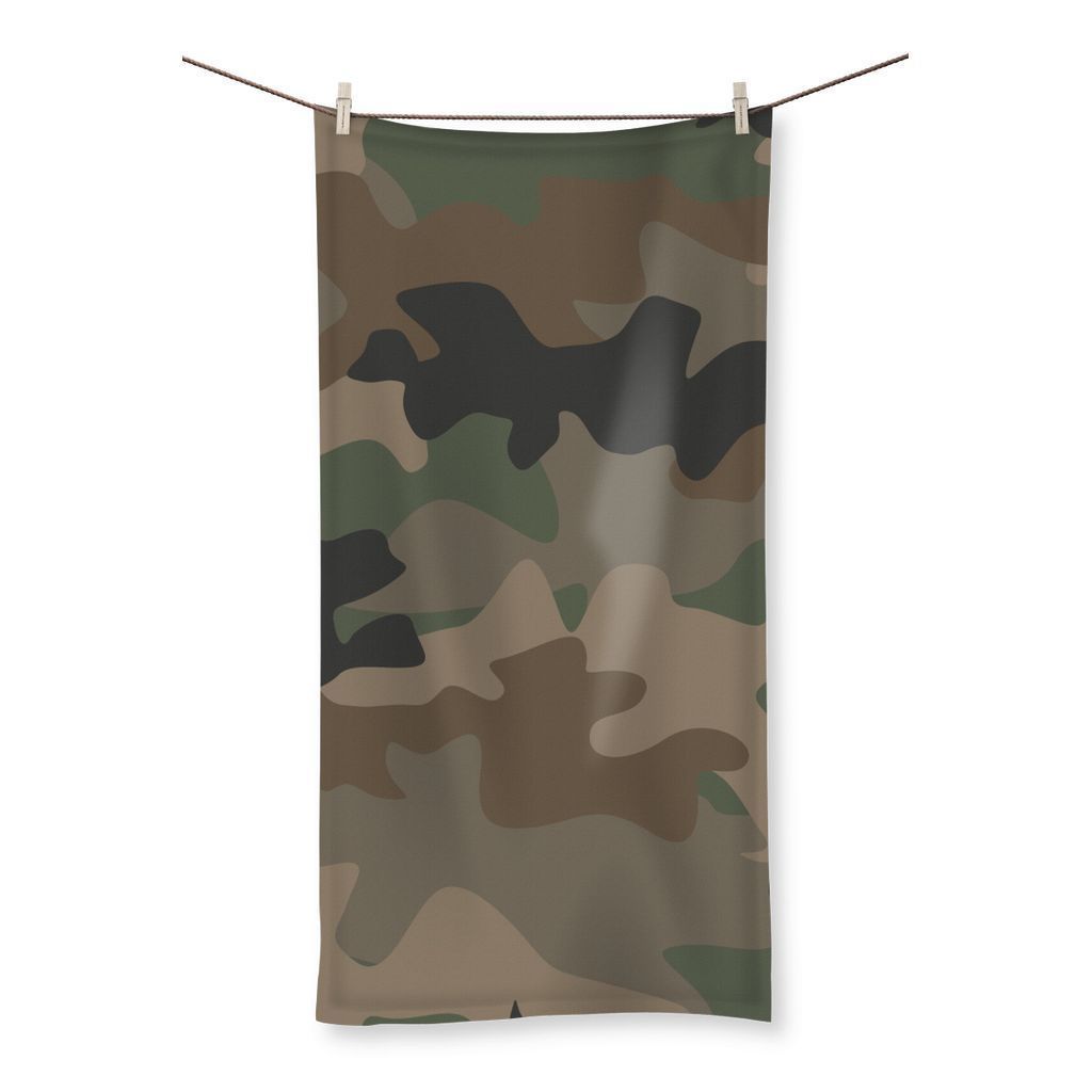 Camofludge 9 Beach Towel featuring a vibrant full-color design on one side and a soft terry towelling loop on the reverse, ideal for beach and gym use.