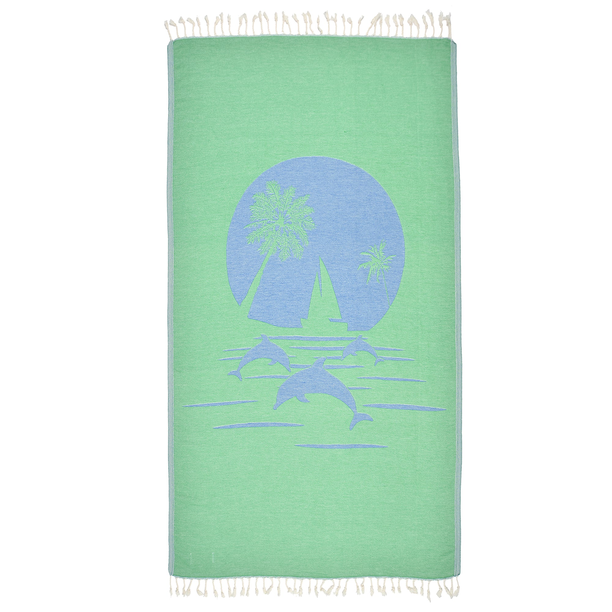 Exclusive Green Dolphins Peshtemal Beach Towel made of 100% cotton, featuring a vibrant green dolphin design, perfect for beach and outdoor use.
