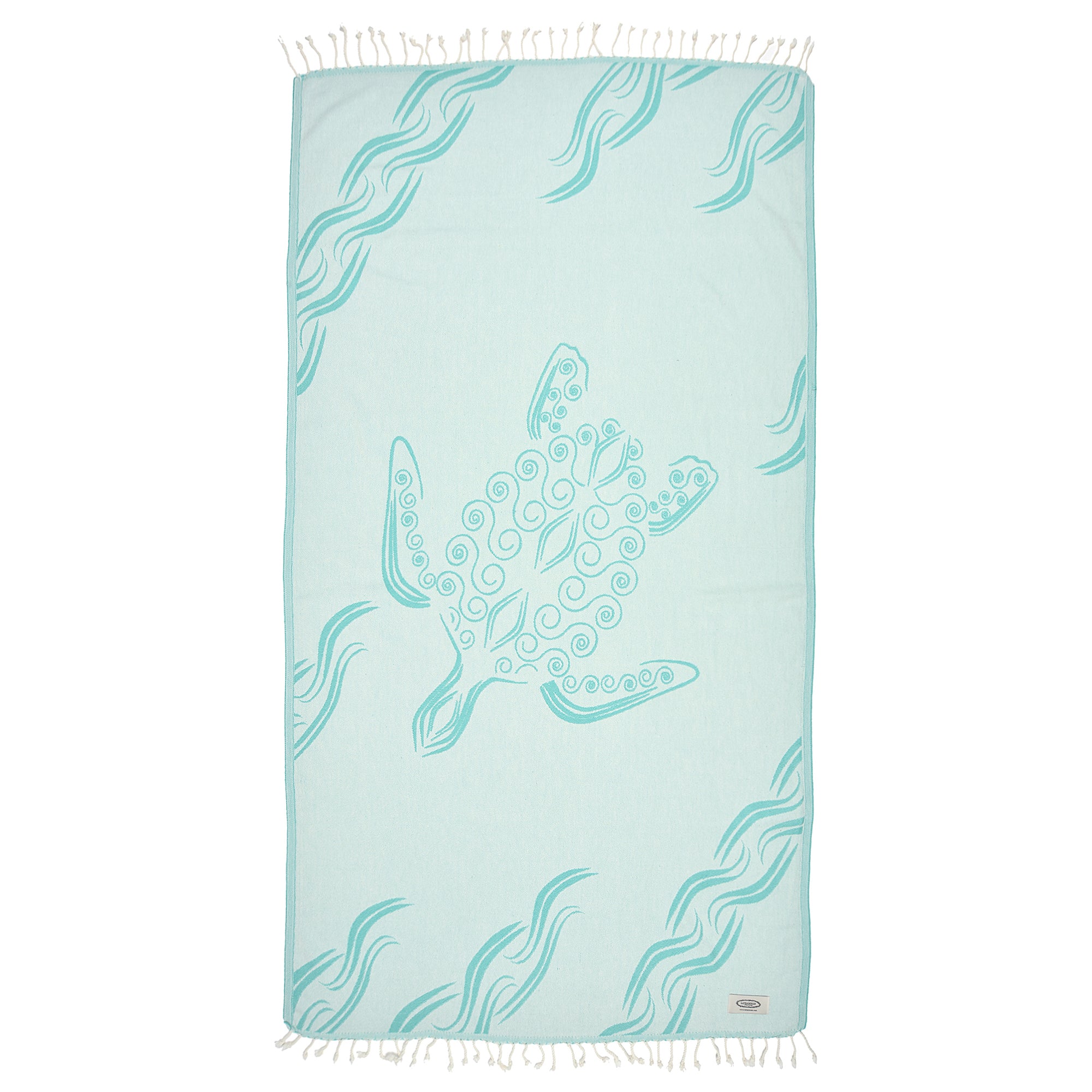 Exclusive Turquoise Turtle Peshtemal Beach Towel made from 100% cotton, featuring a vibrant turtle design, perfect for beach and outdoor use.