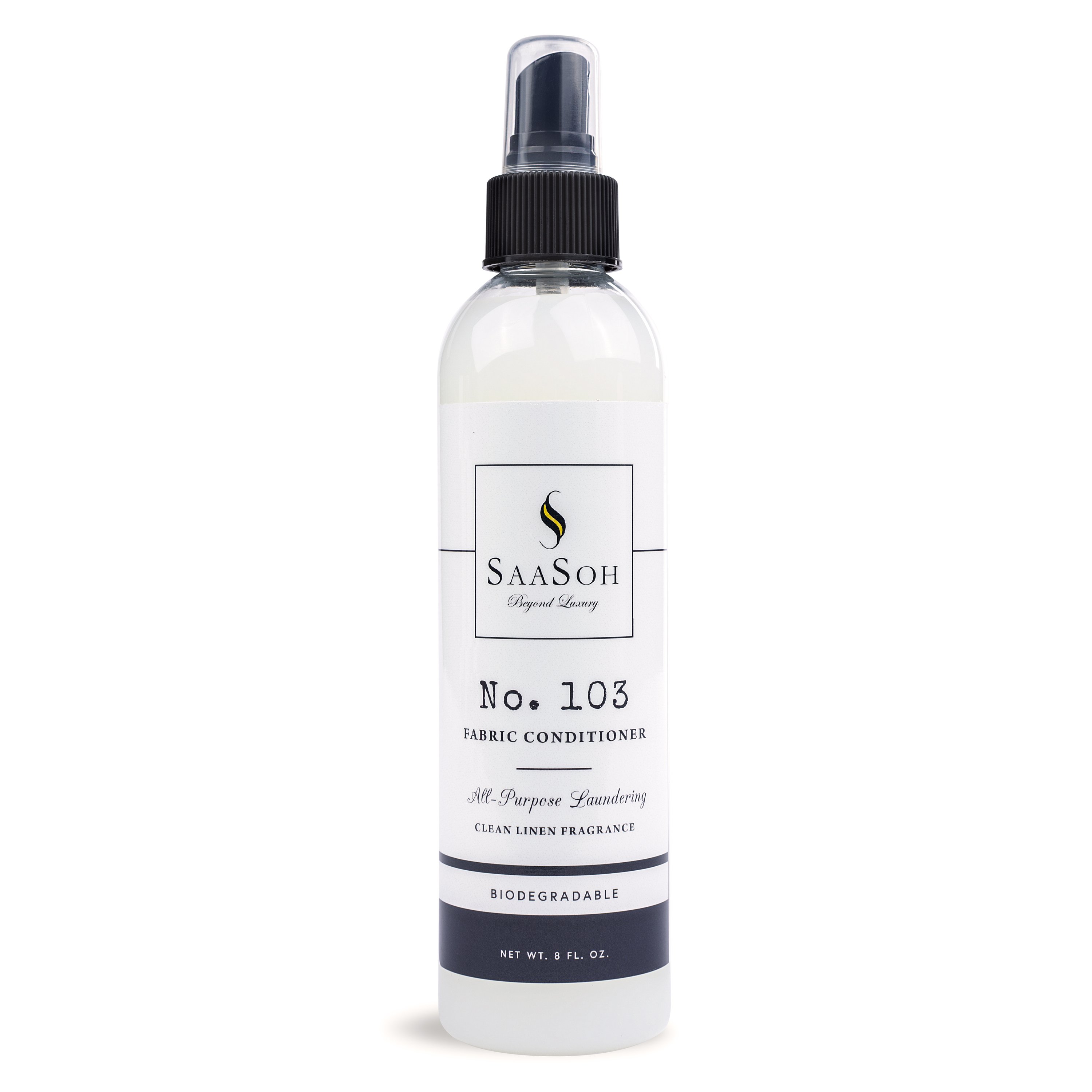 SaaSoh Fabric Conditioner No.103 8 fl oz bottle with a sleek design, showcasing its gentle formula for softening clothes.