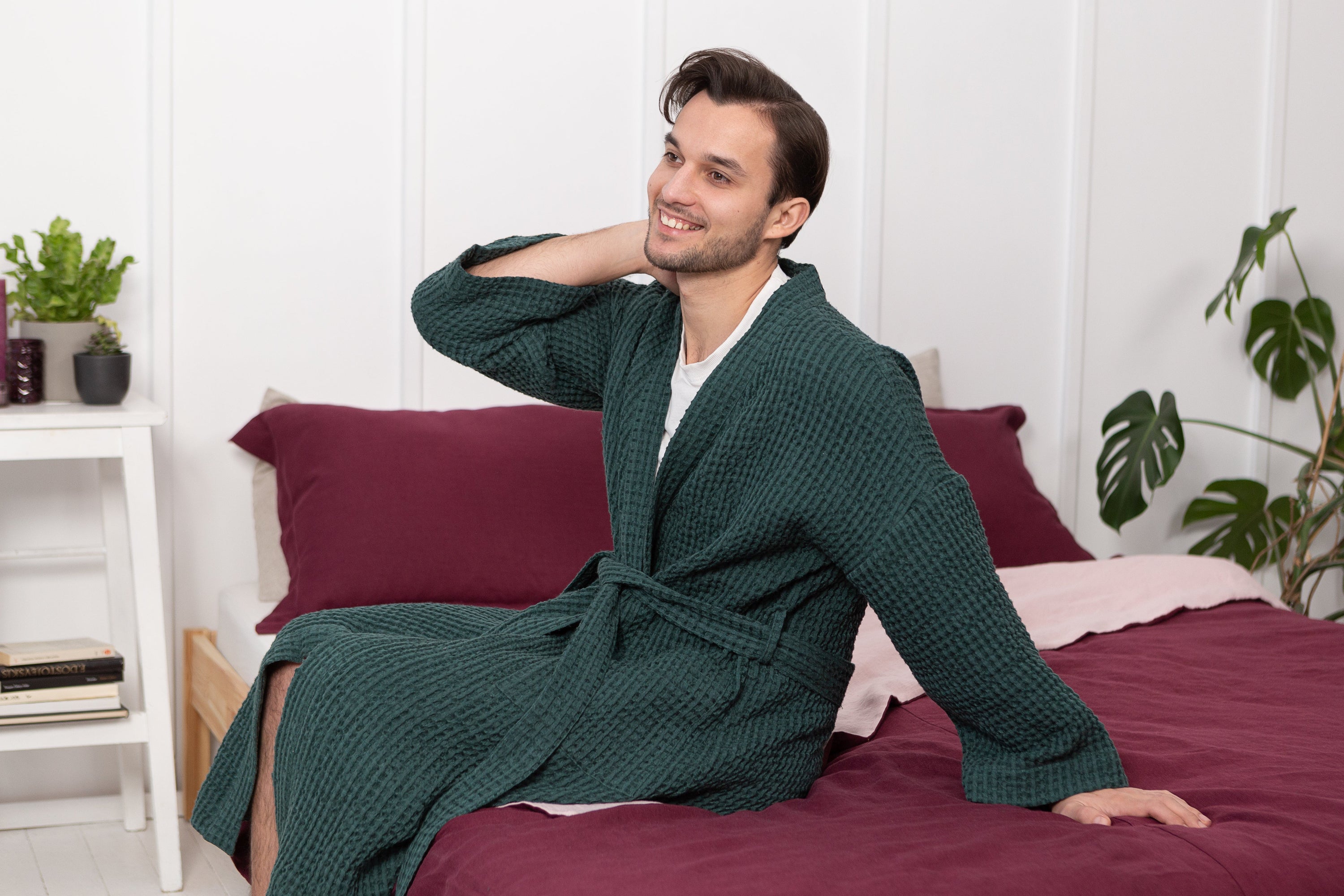 Greyish Green linen waffle robe for men, showcasing its soft texture and stylish design with two front pockets.