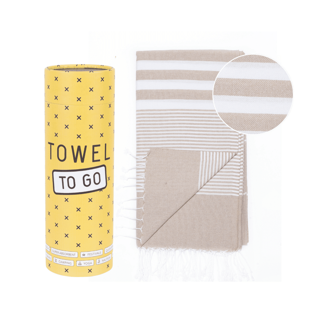 Malibu Hammam Towel in beige color, made from 100% cotton, displayed in a recycled gift box, showcasing its stylish and eco-friendly design.