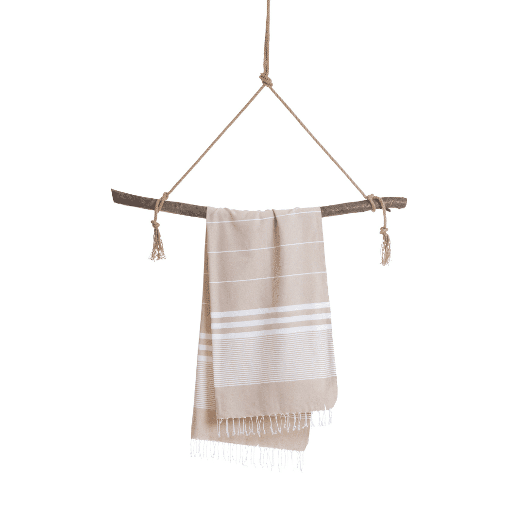 Malibu Hammam Towel in beige color, made from 100% cotton, displayed in a recycled gift box, showcasing its stylish and eco-friendly design.