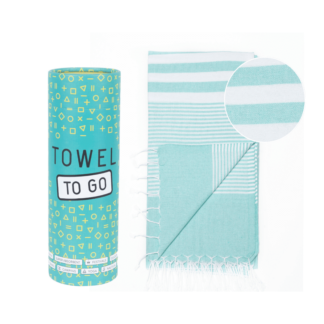 Turquoise Malibu Hammam Towel made from 100% cotton, elegantly packaged in a recycled gift box, perfect for travel and eco-conscious consumers.