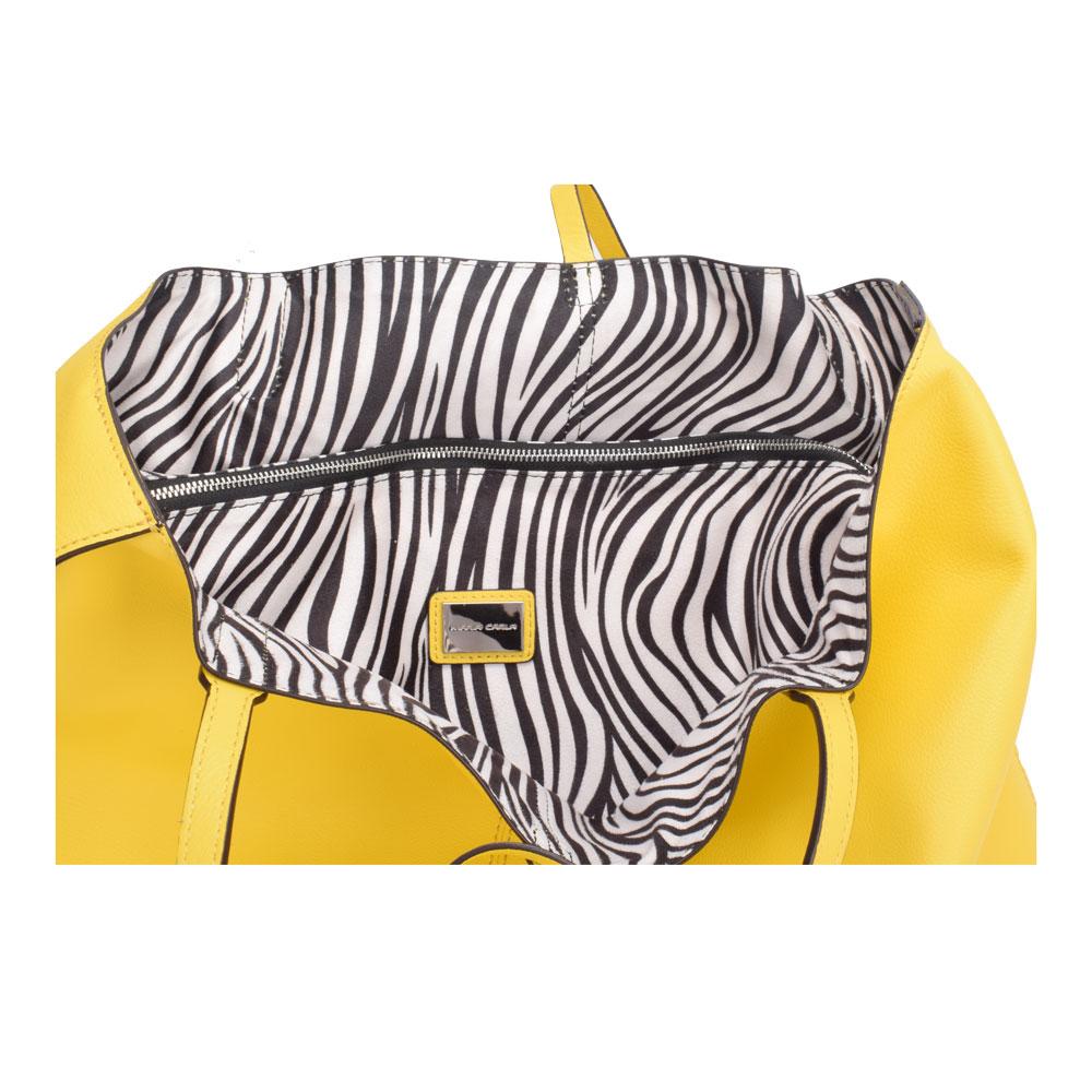 Maria Carla Luxury Handbag in smooth cow leather with zebra print interior and silver metal detailing, featuring a leather string closure and removable pouch.