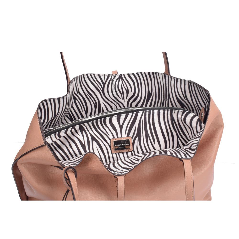 Maria Carla Luxury Handbag in smooth cow leather with zebra print interior and silver metal detailing, featuring a leather string closure and removable pouch.