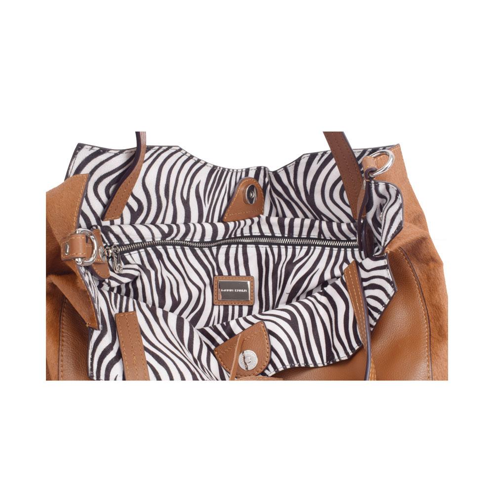 Maria Carla Luxury Leather Handbag featuring smooth cow leather and horsehair accents, with a stylish zebra print interior.