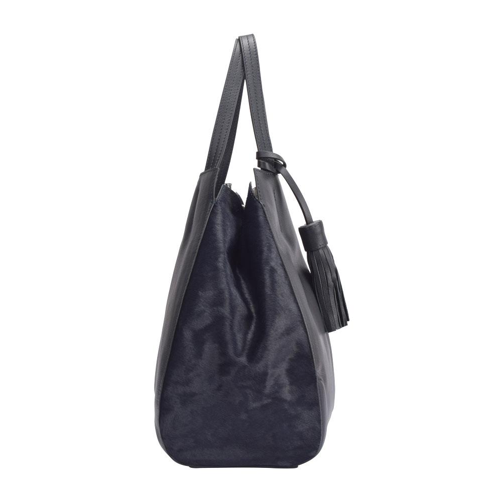 Maria Carla Luxury Leather Handbag featuring smooth cow leather and horsehair accents, with a stylish zebra print interior.