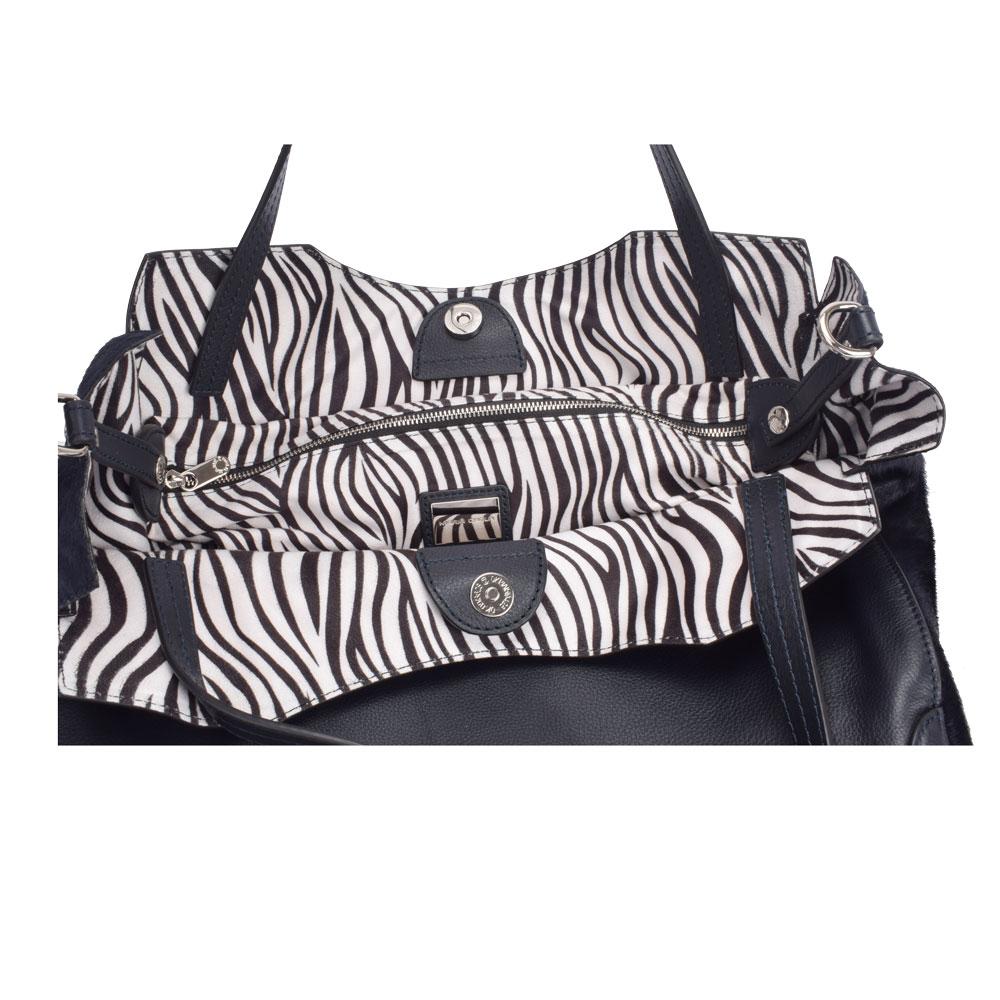 Maria Carla Luxury Leather Handbag featuring smooth cow leather and horsehair accents, with a stylish zebra print interior.