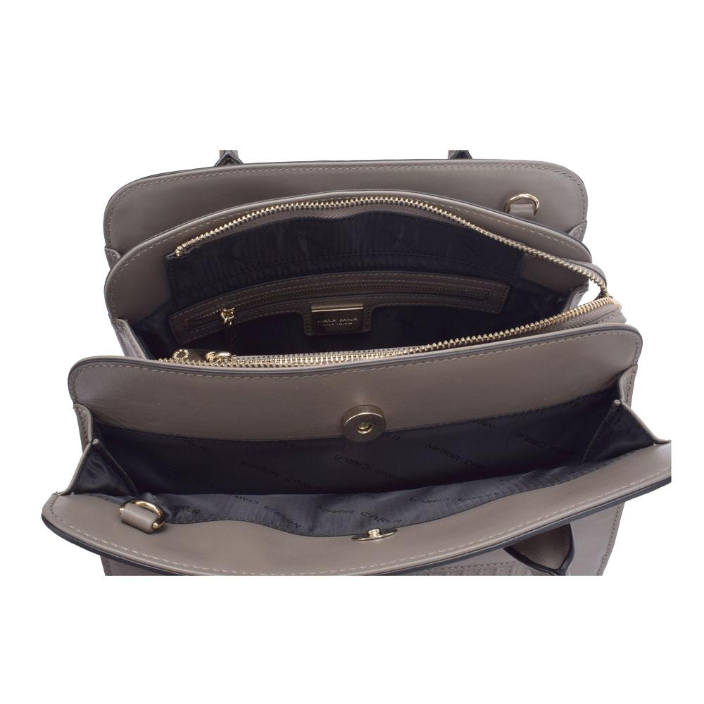 Maria Carla luxury leather handbag in smooth cow leather with gold metal detailing, featuring adjustable strap and multiple compartments.