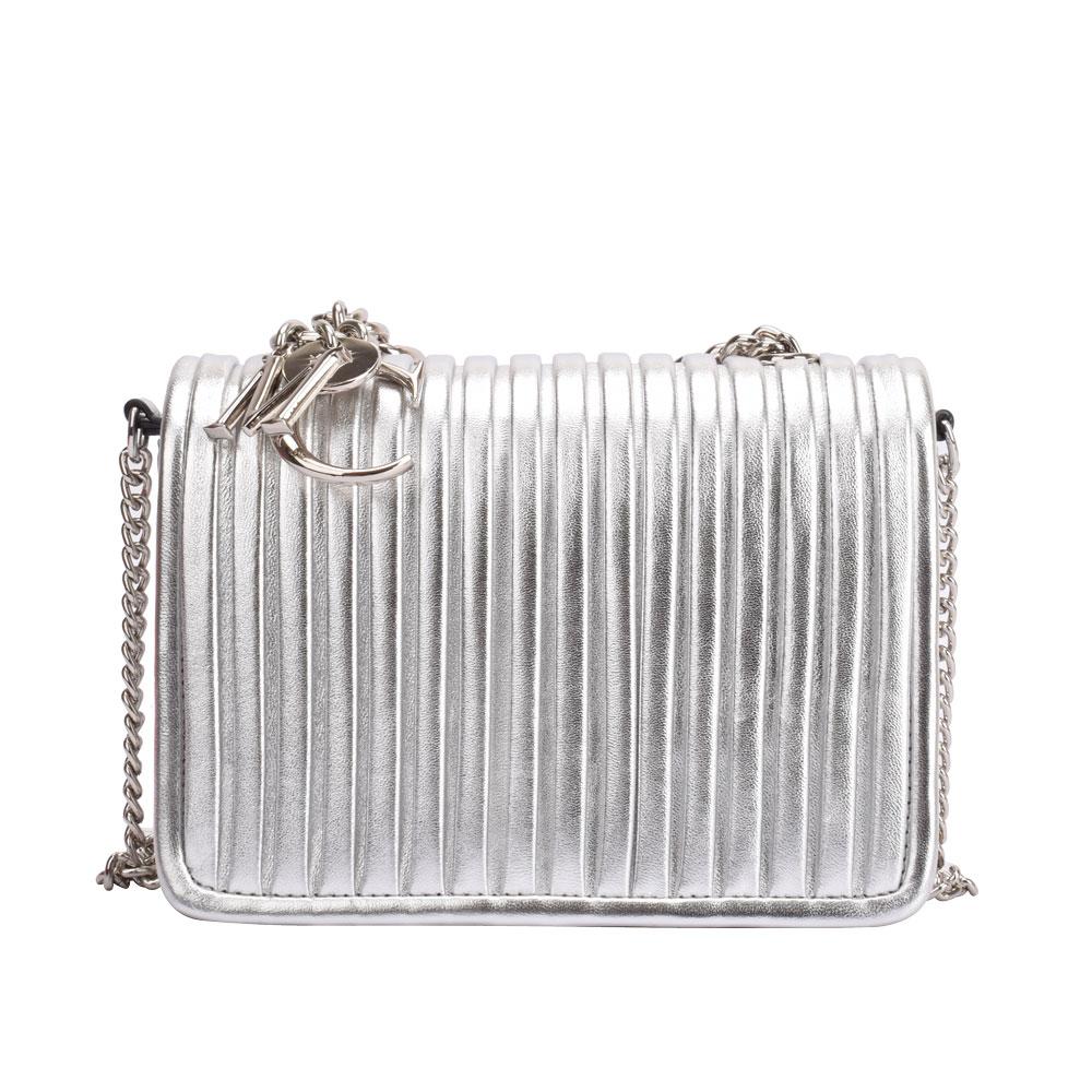Maria Carla Women's Luxury Leather Handbag in silver, featuring smooth pleated lamb leather and a stylish silver chain handle.