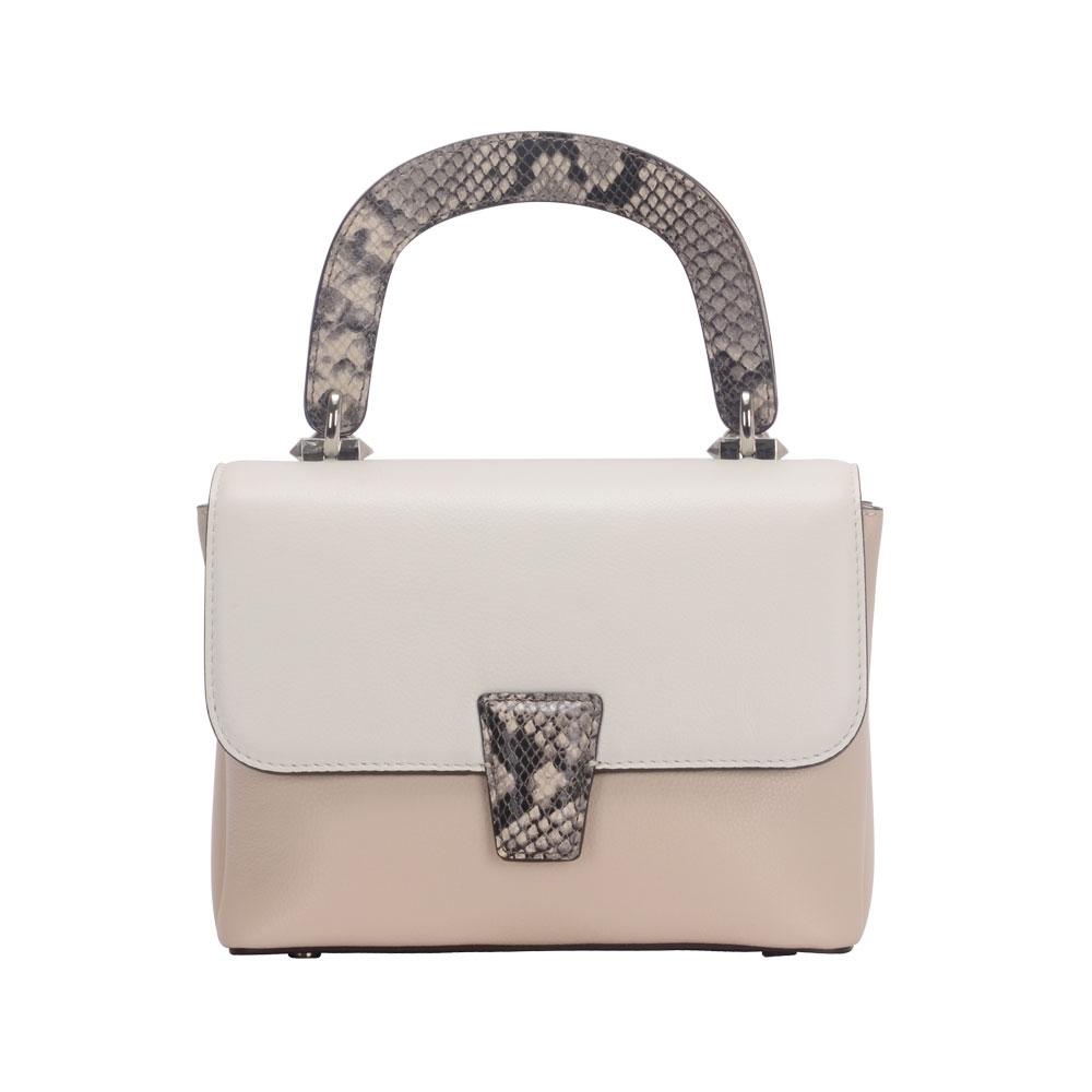 Maria Carla Women's Luxury Leather Handbag in off-white/beige with snake print handle and silver metal detailing, showcasing its smooth leather finish.