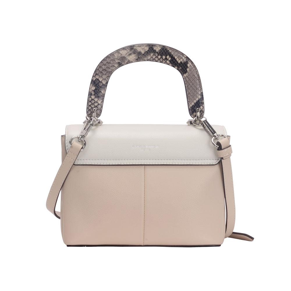 Maria Carla Women's Luxury Leather Handbag in off-white/beige with snake print handle and silver metal detailing, showcasing its smooth leather finish.