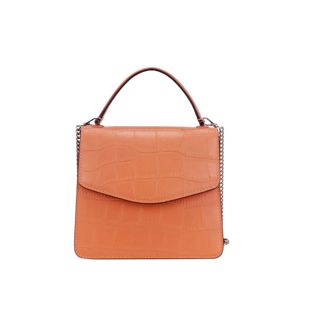 Maria Carla Women's Luxury Leather Handbag in peach color, featuring a smooth finish, short top handle, and crossbody strap.