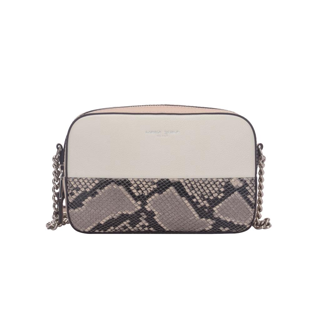 Maria Carla Women's Luxury Leather Handbag in off-white/beige with silver detailing, featuring adjustable strap and zip compartments.