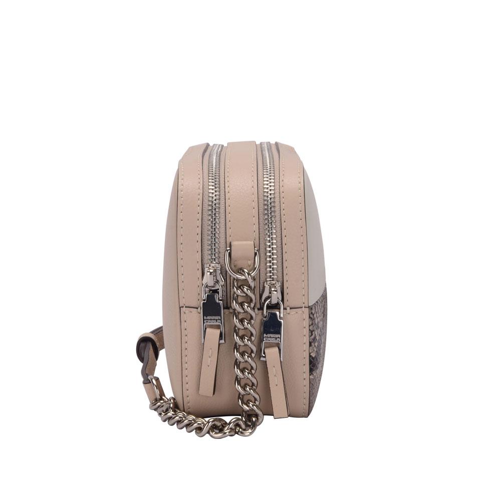 Maria Carla Women's Luxury Leather Handbag in off-white/beige with silver detailing, featuring adjustable strap and zip compartments.