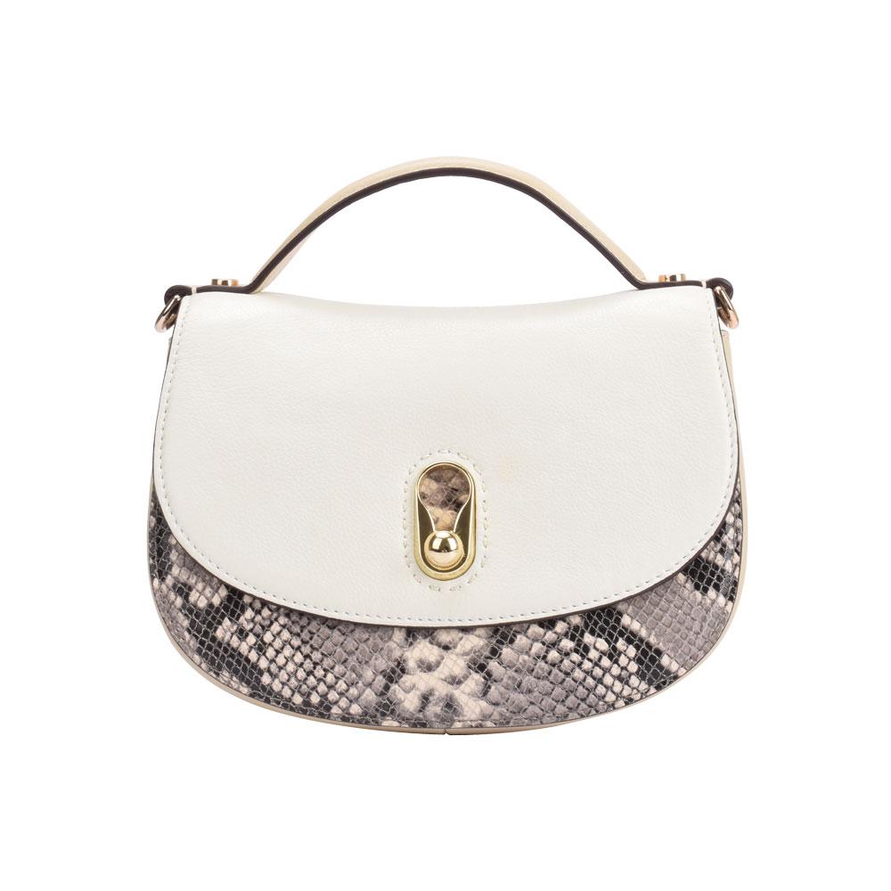 Maria Carla Women's Luxury Leather Handbag in off-white/beige with snake skin flap buckle and adjustable strap.