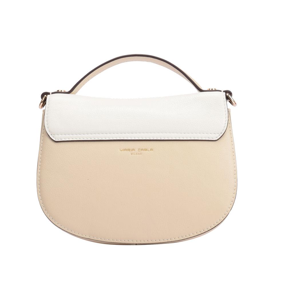 Maria Carla Women's Luxury Leather Handbag in off-white/beige with snake skin flap buckle and adjustable strap.