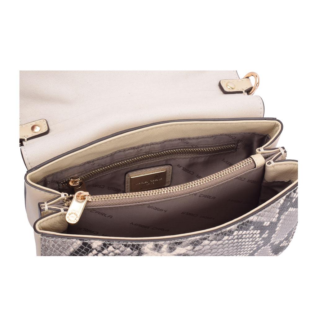 Maria Carla Women's Luxury Leather Handbag in off-white/beige with snake skin flap buckle and adjustable strap.