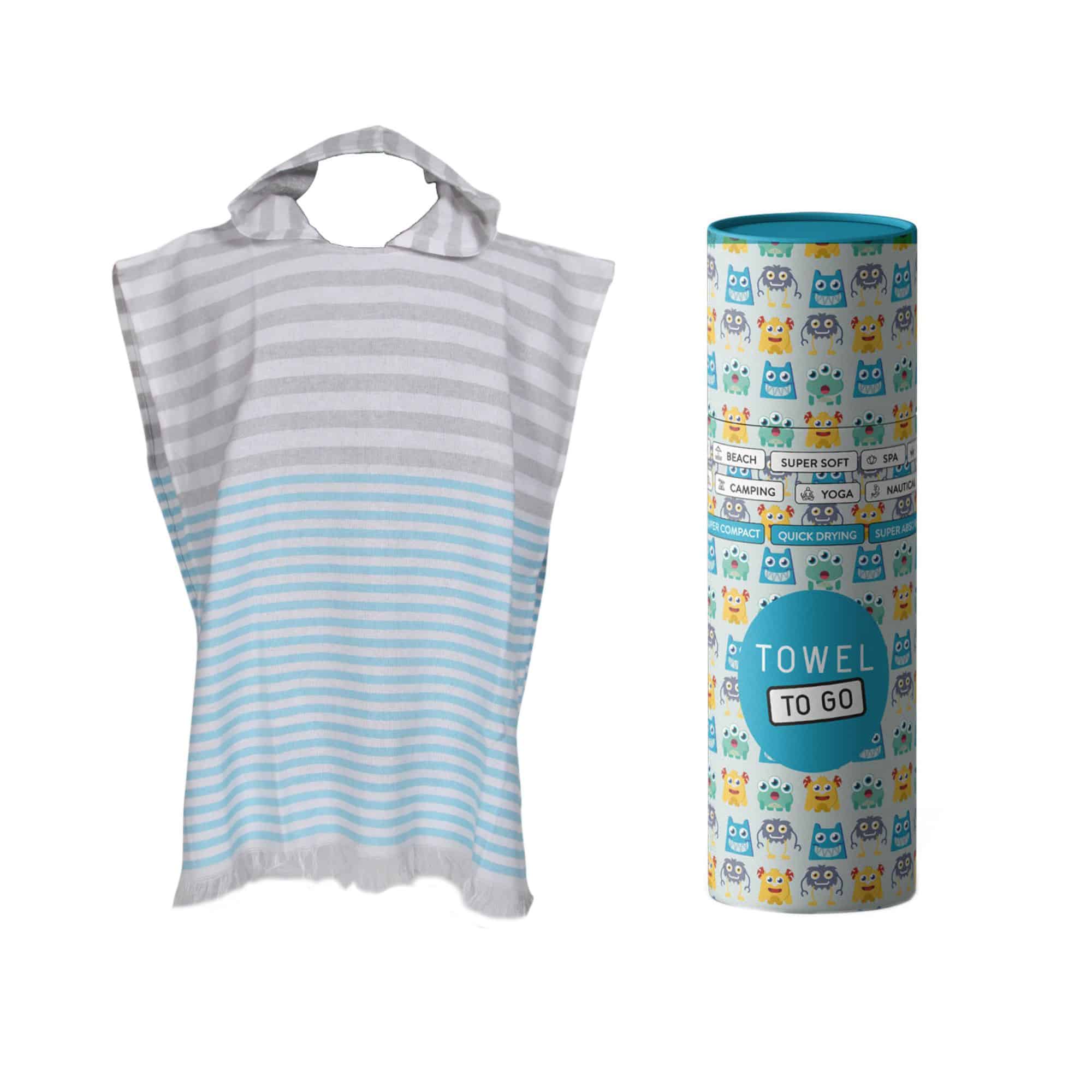 Playa Kids Poncho Towel in blue, made from 100% cotton, displayed in a recycled gift box, perfect for little adventurers.