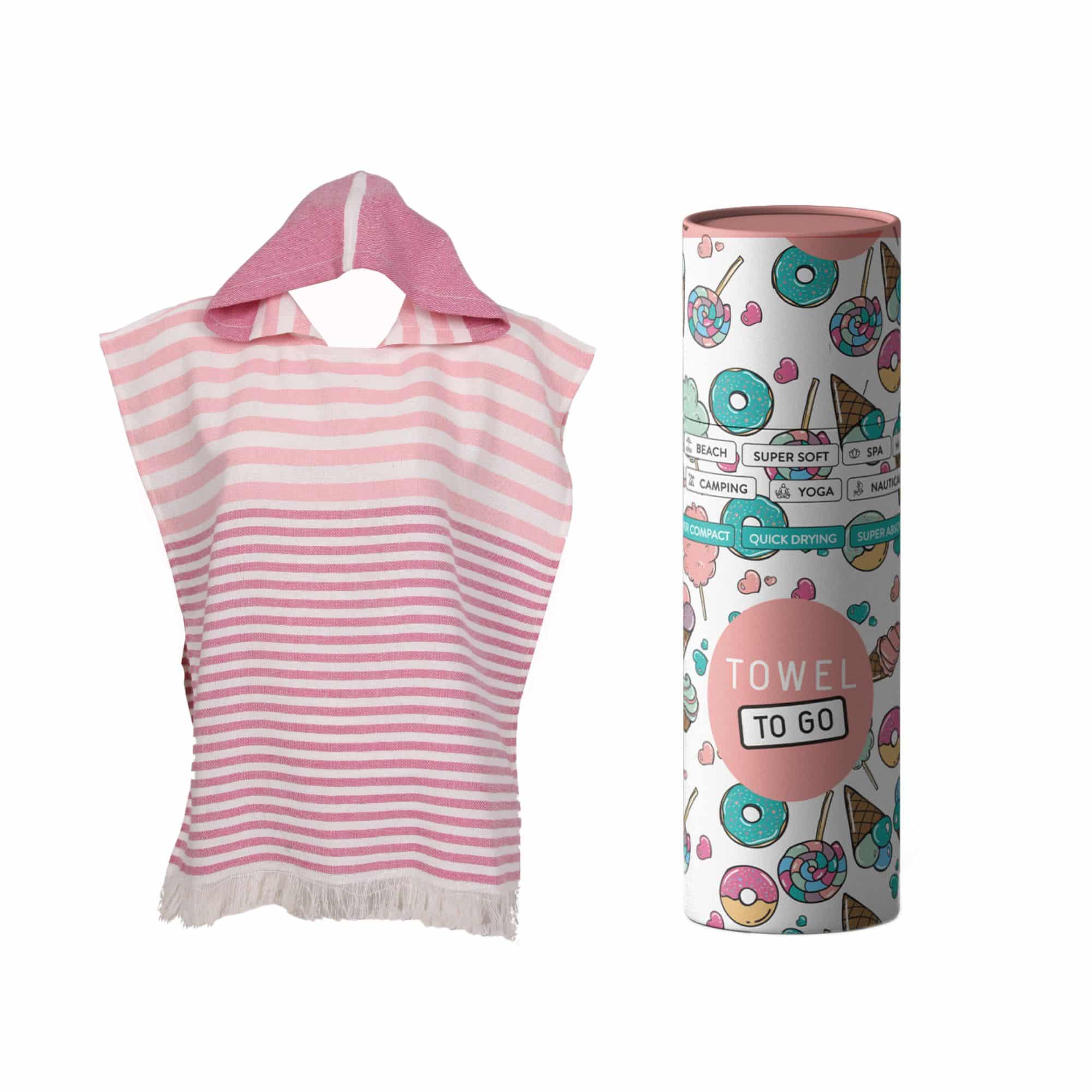 Playa Kids Poncho Towel in pink, made from 100% cotton, displayed in a recycled gift box, perfect for little adventurers.