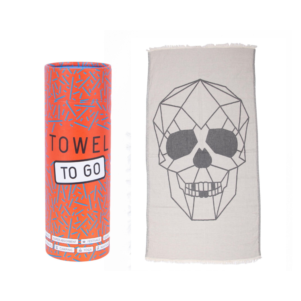 A stylish white skull design packaged in a recycled gift box, made from 100% cotton, showcasing eco-friendly gifting.
