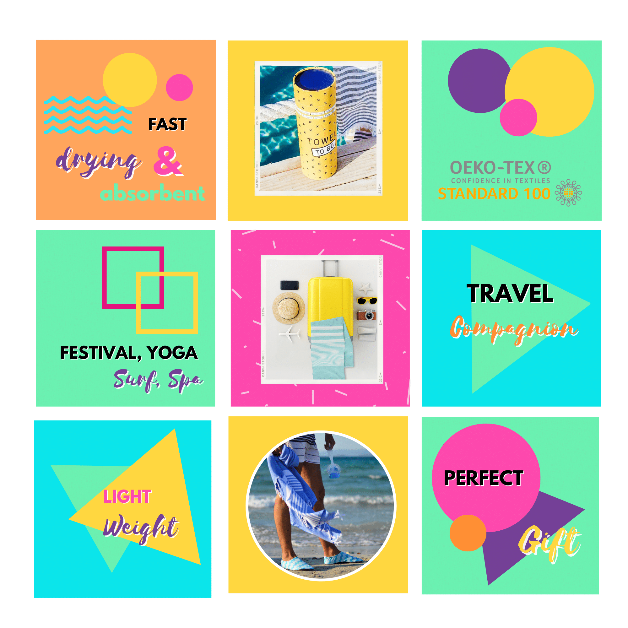 Vibrant blue and yellow tie-dye beach towel made from 100% cotton, displayed in a recycled gift box.