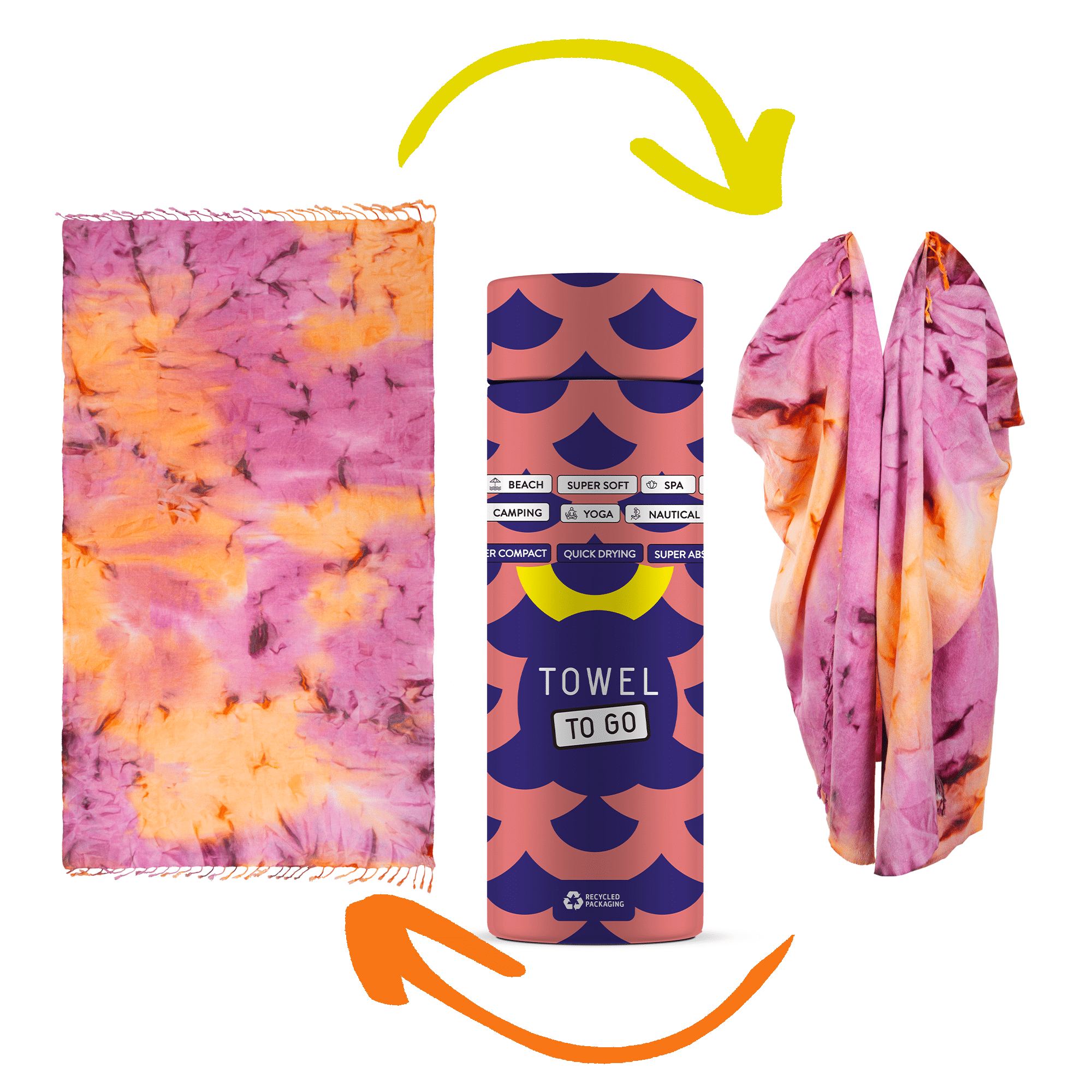 A vibrant purple tie dye convertible towel kimono displayed elegantly, showcasing its unique design and soft texture, perfect for beach or poolside use.