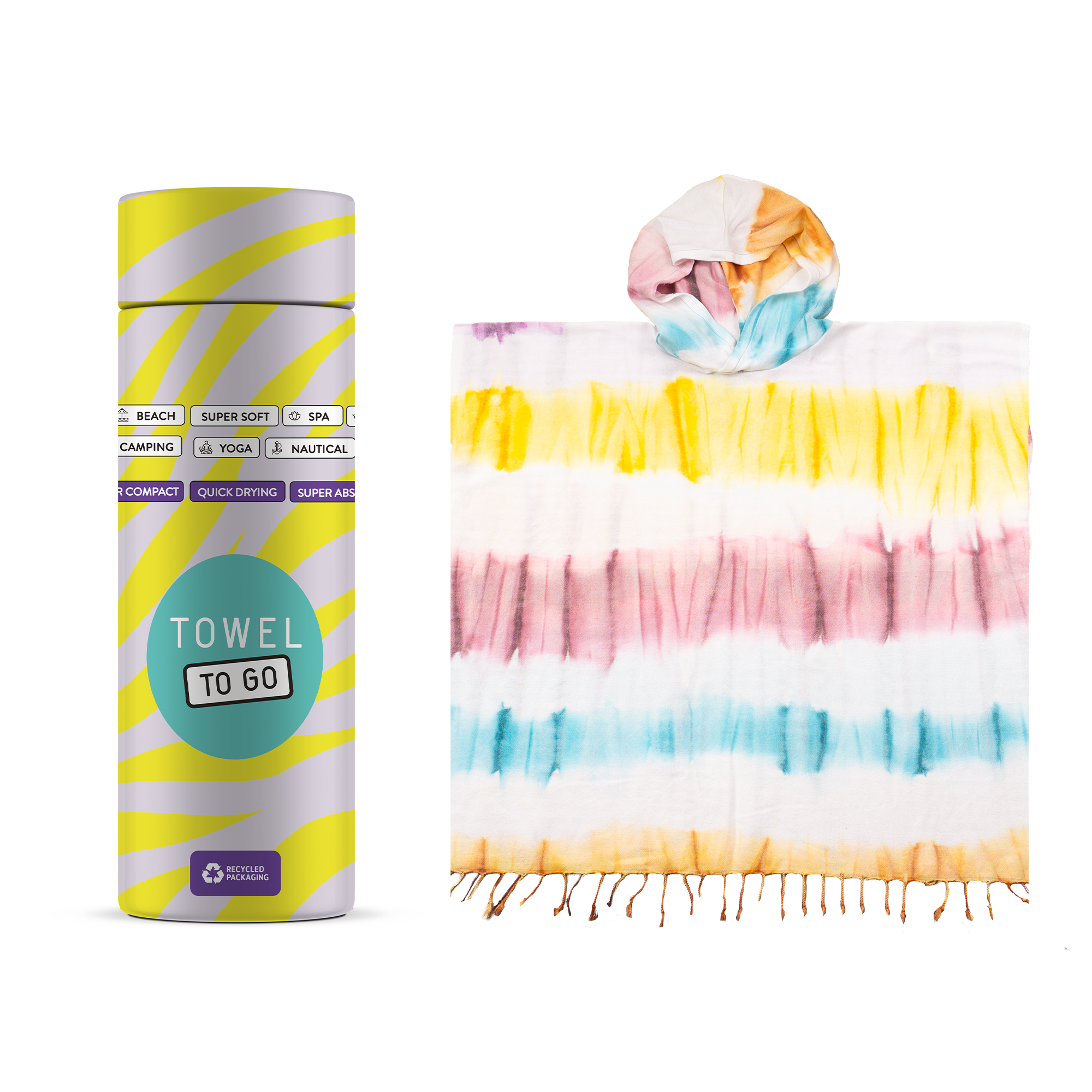 A vibrant purple and blue tie dye hooded beach poncho displayed in a sunny beach setting, showcasing its unique patterns and relaxed fit.