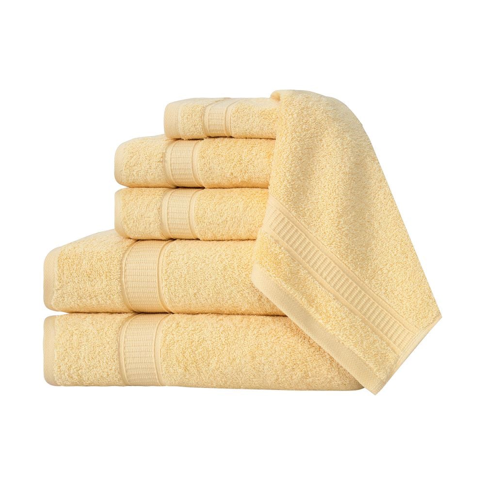 A luxurious set of 6 Turkish cotton bath towels in vibrant colors, showcasing their softness and dobby border design.