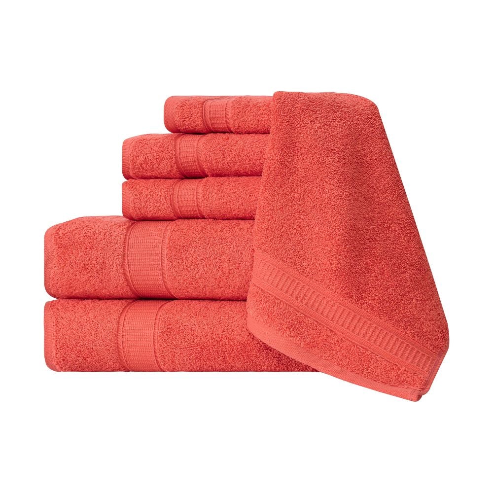 A luxurious set of 6 Turkish cotton bath towels in vibrant colors, showcasing their softness and dobby border design.