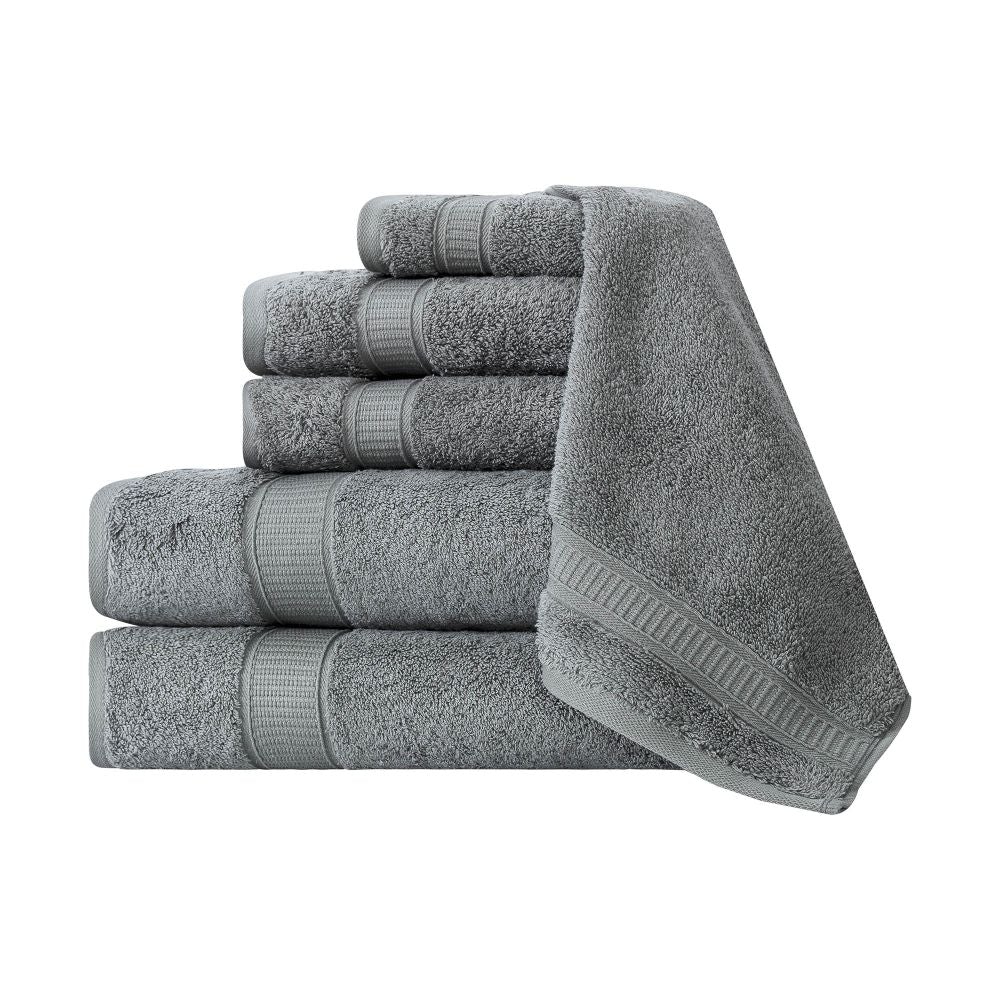 A luxurious set of 6 Turkish cotton bath towels in vibrant colors, showcasing their softness and dobby border design.