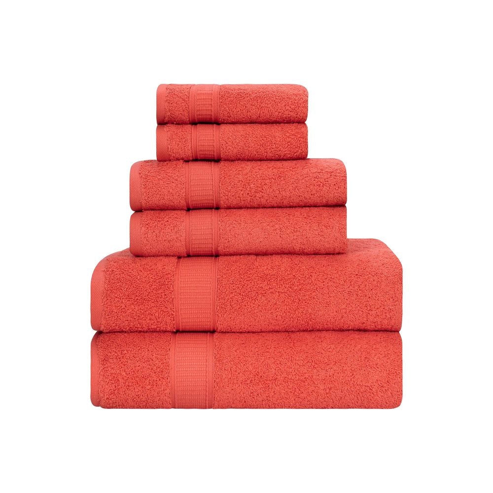A luxurious set of 6 Turkish cotton bath towels in vibrant colors, showcasing their softness and dobby border design.