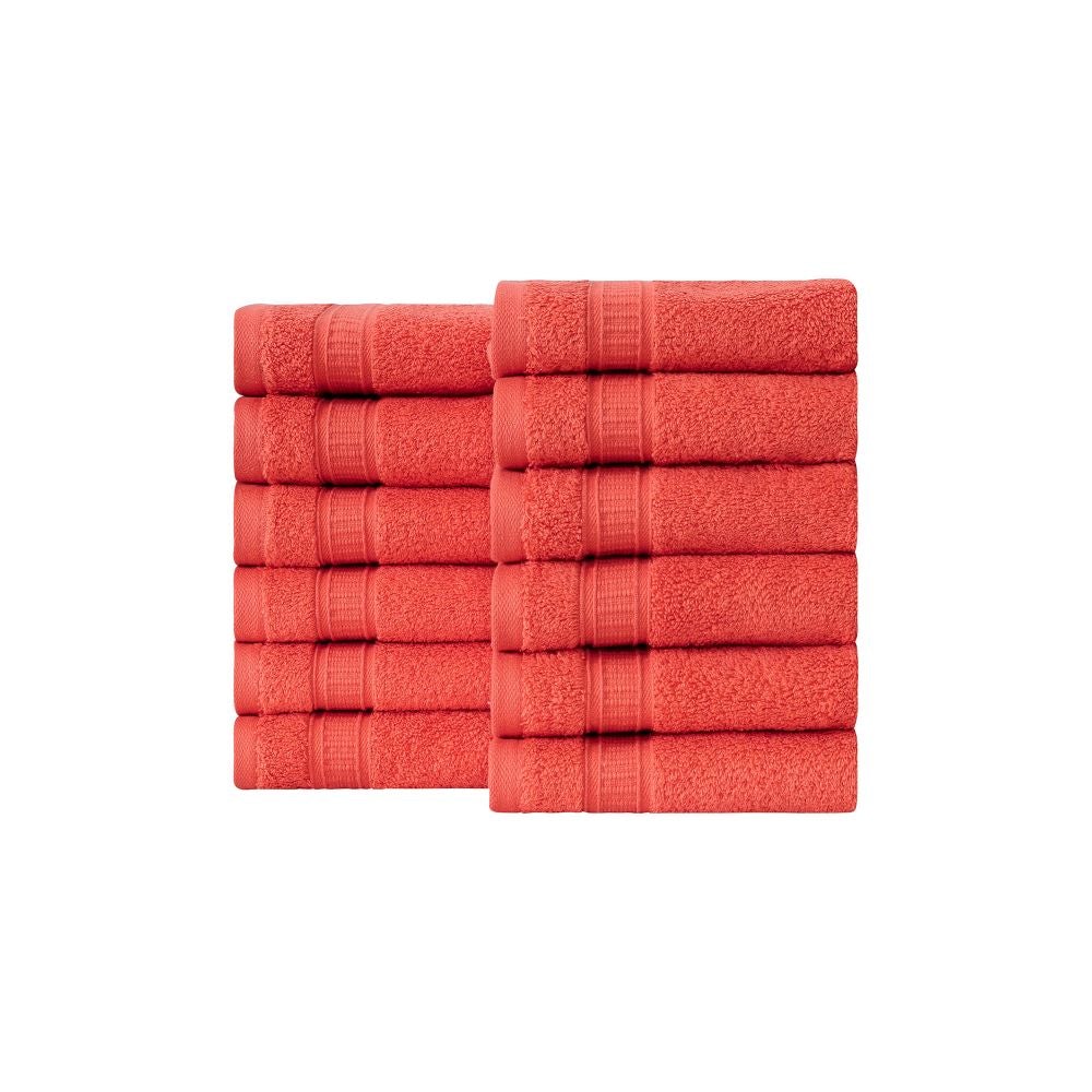 A set of 12 luxurious Turkish cotton washcloths in various vibrant colors, showcasing their softness and dobby border design.