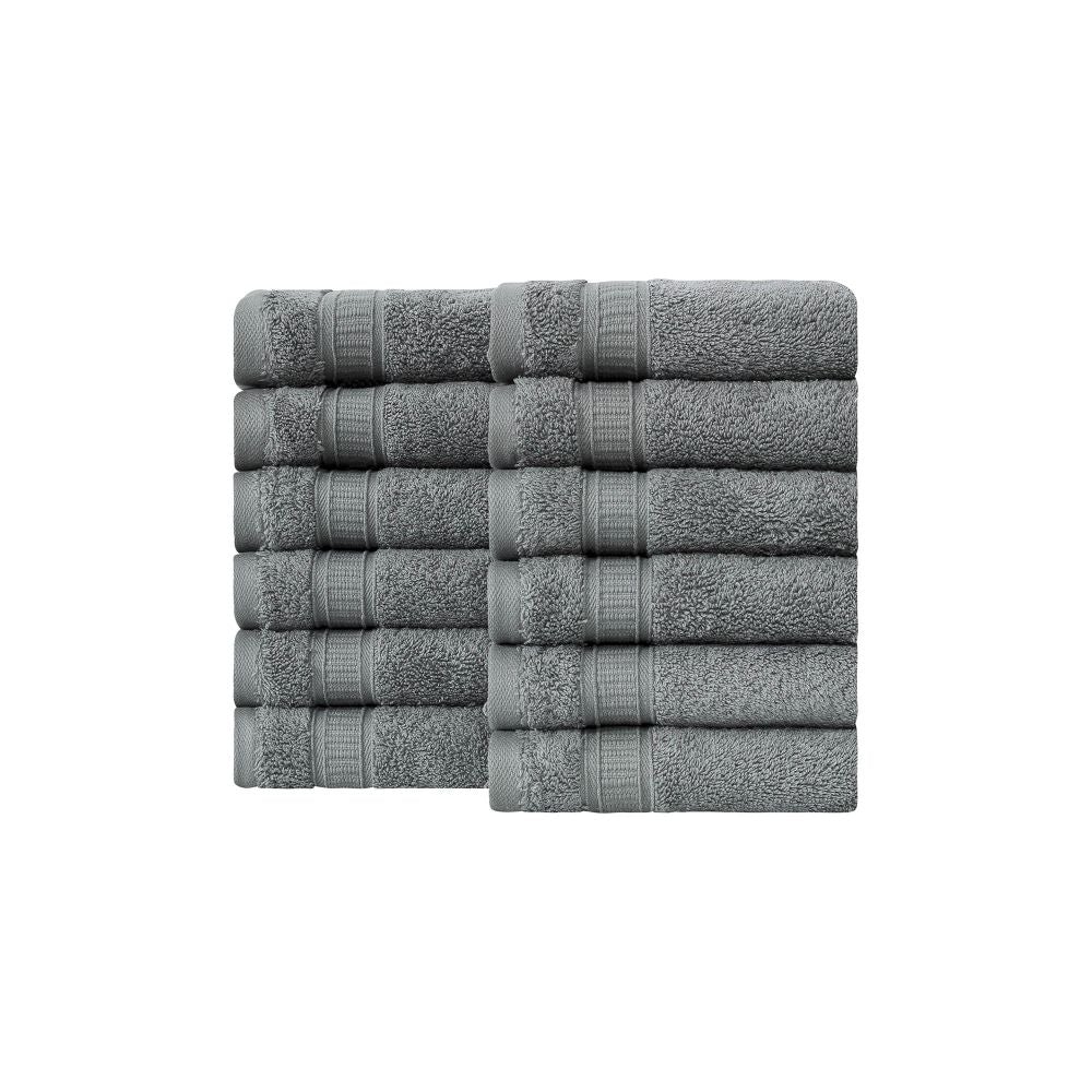 A set of 12 luxurious Turkish cotton washcloths in various vibrant colors, showcasing their softness and dobby border design.