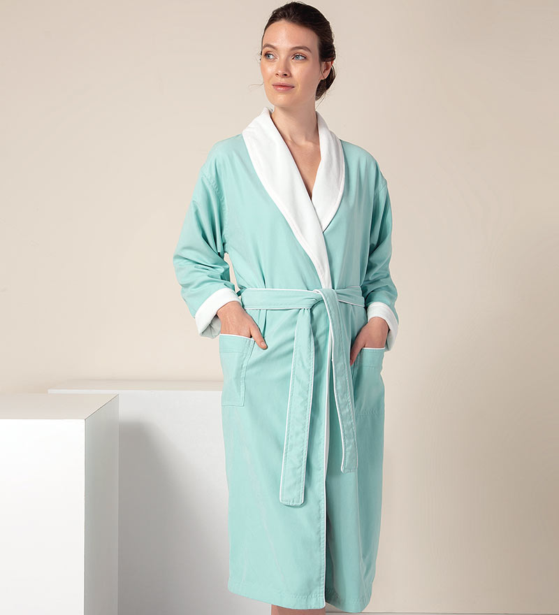 Women's Plush Microfiber Spa Robe in various colors with shawl collar and pockets, showcasing its luxurious fabric and stylish design.