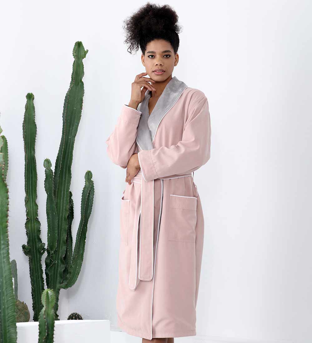 Women's Plush Microfiber Spa Robe in various colors with shawl collar and pockets, showcasing its luxurious fabric and stylish design.