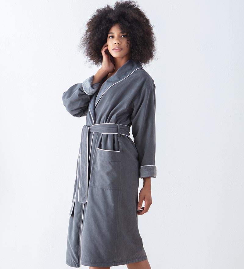 Women's Plush Microfiber Spa Robe in various colors with shawl collar and pockets, showcasing its luxurious fabric and stylish design.