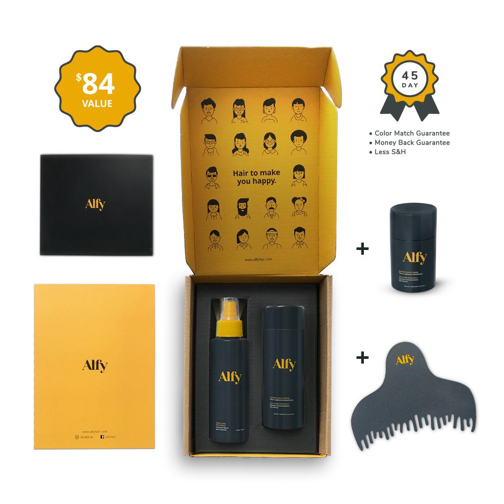 100 to 120 Day Starter Kit featuring Hair Building Fibers, Fiber Lock Hair Spray, and Hairline Optimizer for fuller hair.