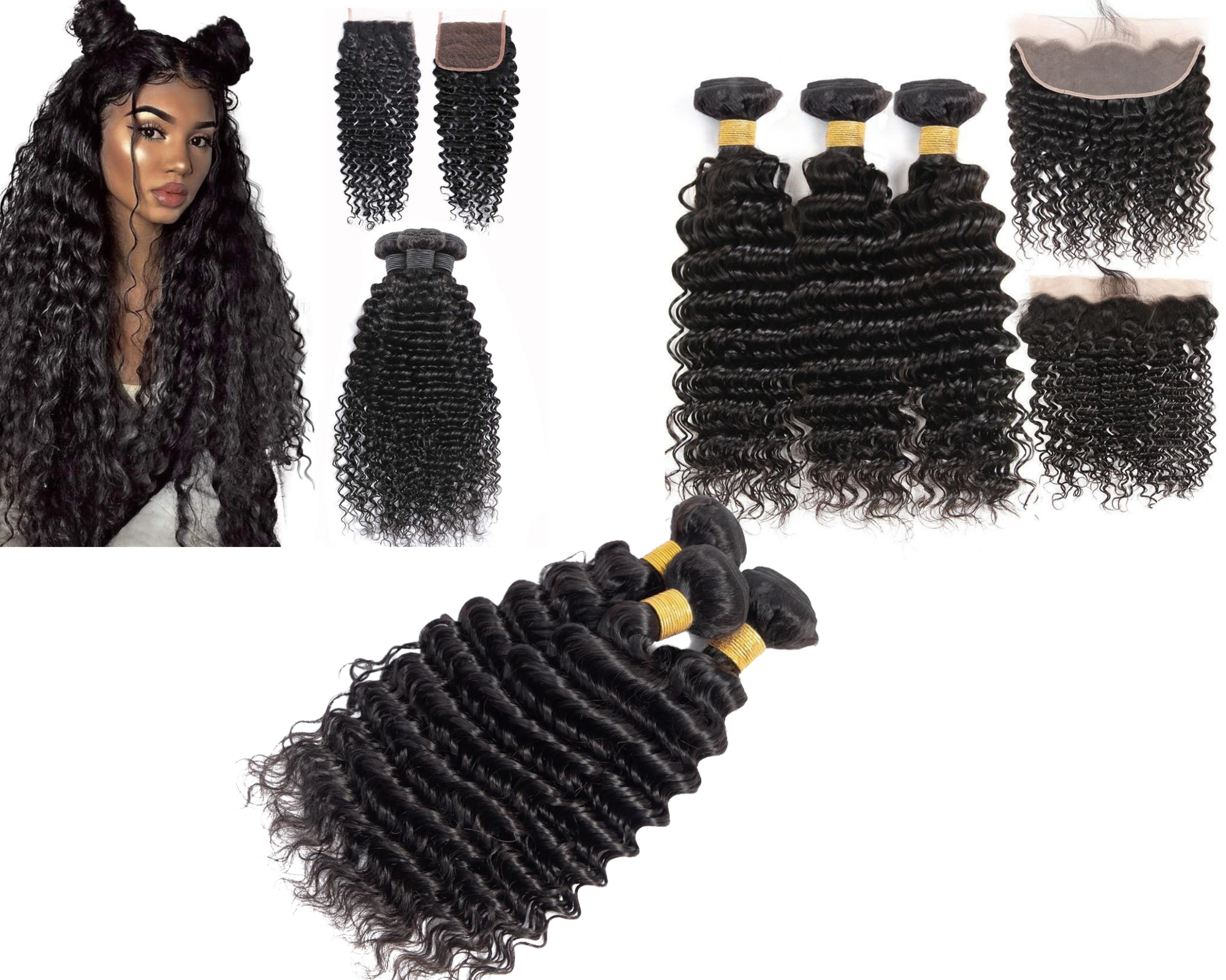 10A Grade Deep Wave Human Hair bundles with 4x4 closure and 13x4 frontal, showcasing luxurious texture and natural color.