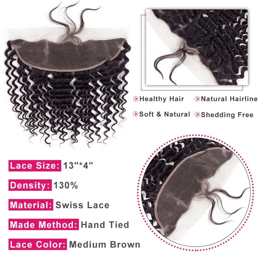 10A Grade Deep Wave Human Hair bundles with 4x4 closure and 13x4 frontal, showcasing luxurious texture and natural color.