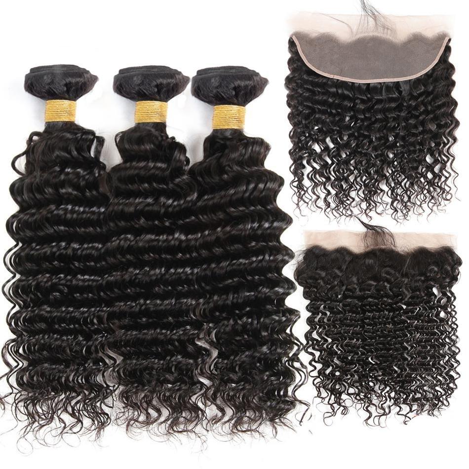 10A Grade Deep Wave Human Hair bundles with 4x4 closure and 13x4 frontal, showcasing luxurious texture and natural color.